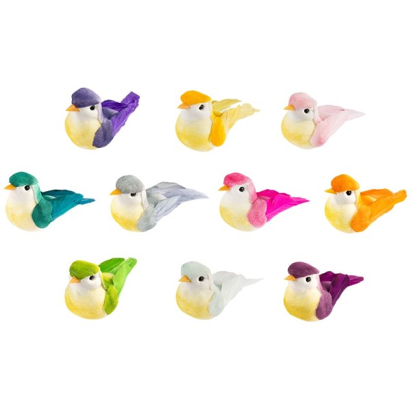 Deko-Federvögel, 6cm x 2,5cm x 3cm, verschiedene Farben, 10 Stück
