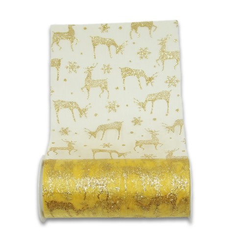 Deko-Tüll-Band mit Glimmer-Rentieren, 12cm x5 m, gold