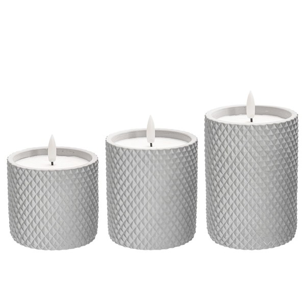 LED-Echtwachskerzen in Beton-Gefäß, 8-12cm hoch, rund mit Rauten-Muster, inkl. Timer, 3 Stück