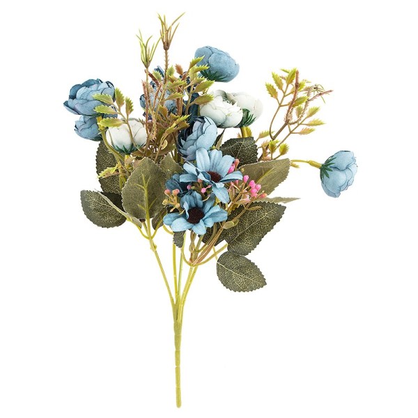 Blütenbusch, Rosen & Margeriten, 28cm hoch, 15 große Blüten Ø 2,5cm, Blautöne
