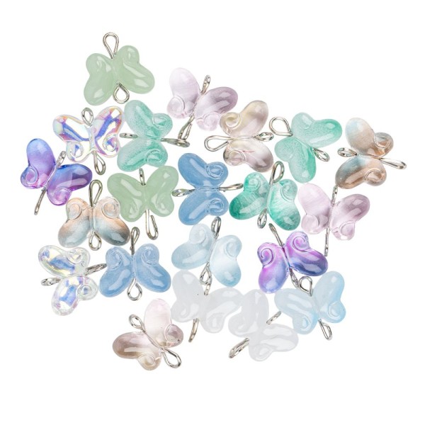 Glas-Anhänger mit Kettelstift, Schmetterling, 1,5cm x 0,6cm x 1cm, 10 versch. Farben, 21 Stück