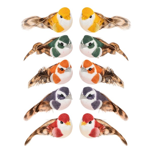 Deko-Federvögel, Sortierung 4, 2,2cm x 5cm x 2,5cm, 5 Farben, 10 Stück