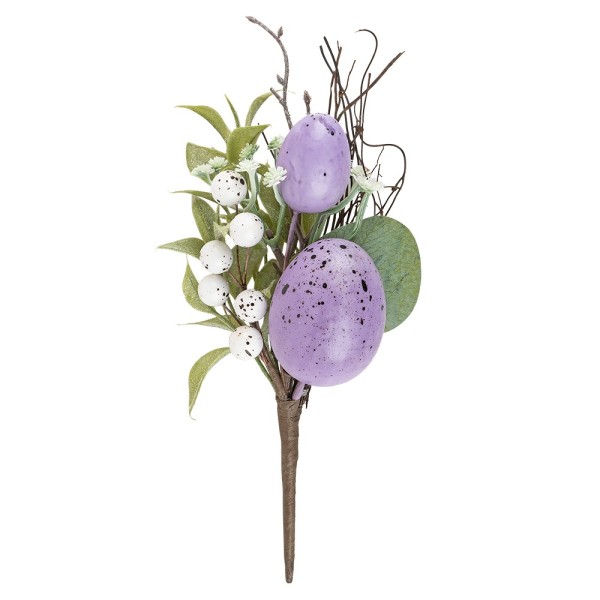 Deko-Strauß Osterzeit, 22cm lang, mit violetten Eiern, weißen Beeren und Blüten