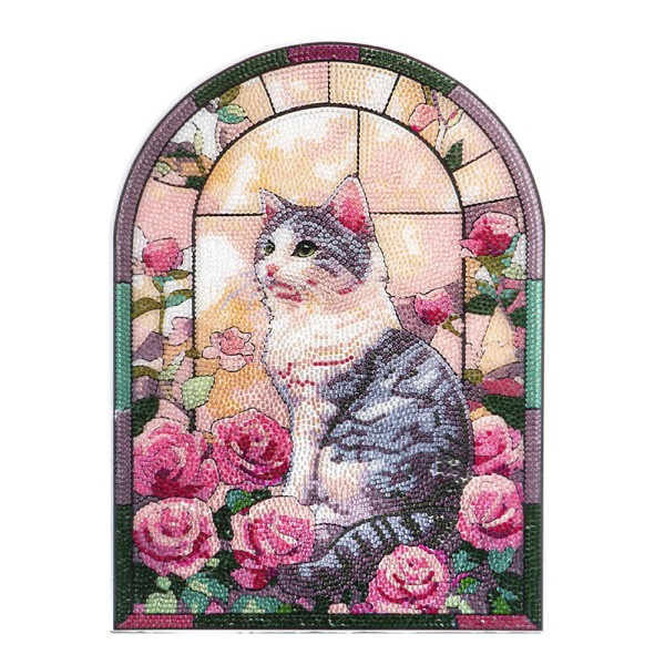 Diamond-Painting-Fensterbild, Glaskunst-Optik, XL, Katze mit Rosen, 24,7cm x 35,6cm, 500µ