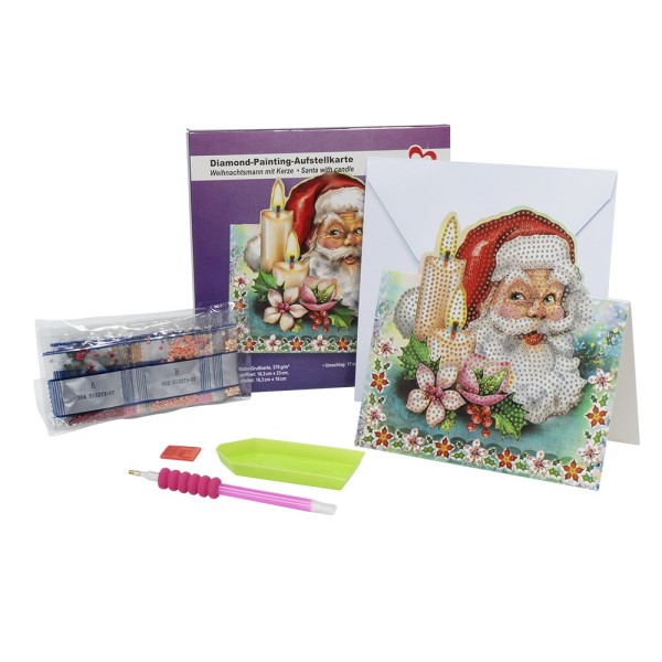 Diamond-Painting-Aufstellkarte, Weihnachtsmann mit Kerze, 16,3cm x 16cm, inkl. Umschlag & Werkzeug