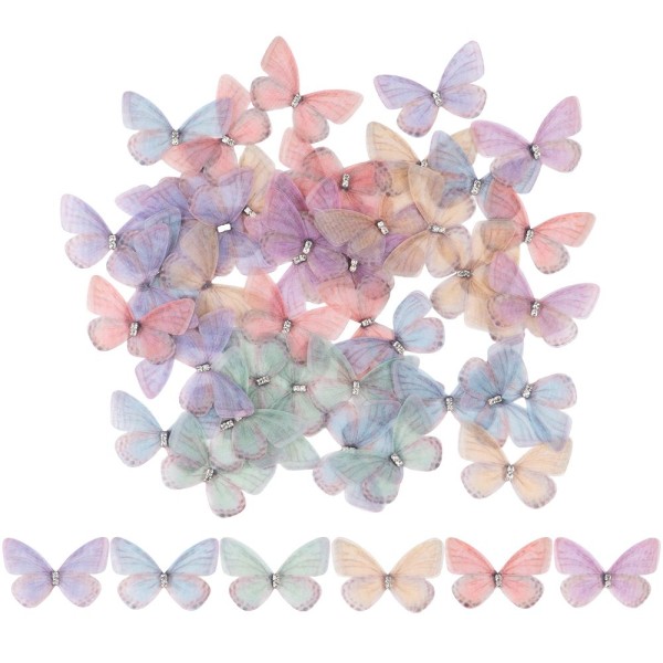 3-D Schmetterlinge aus zartem Gewebe, 4,9cm x 3,3cm, 6 Farben, klare Strass-Steine, 50 Stück