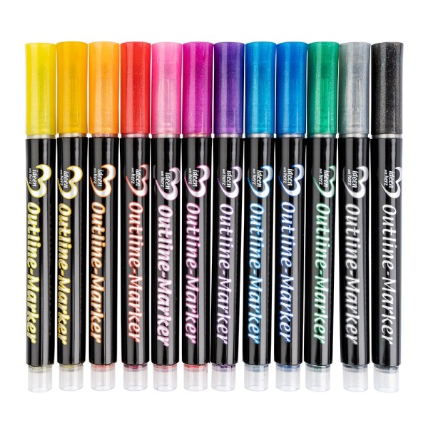 Outline-Marker, 12 Farben mit schimmerndem Glanz in Silber, Stiftspitze 3,5mm, 12 Stück