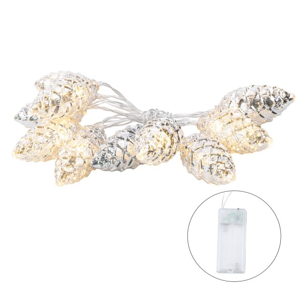 LED-Lichterkette Tannenzapfen, silber, 10 LEDs in Warmweiß, 1,20m lang, Timer