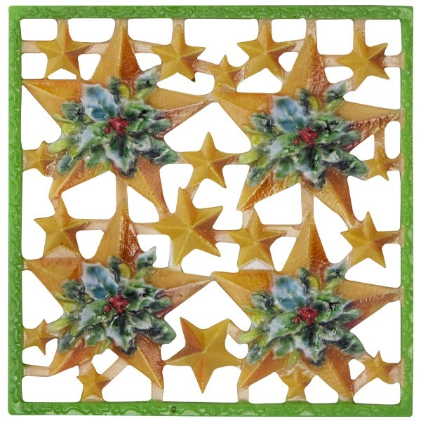 Wachsornament-Platte Sterne mit Ilex, farbig, geprägt, 10x10cm