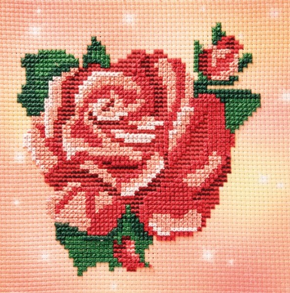 Stickbild-Set, malerischer Hintergrund,  14,5x14,5cm, Rose
