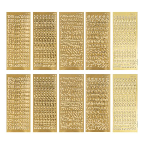Sticker, Buchstaben und Zahlen, Perlmutt- und Spiegelfolie, versch. Designs, gold, 10 Bogen