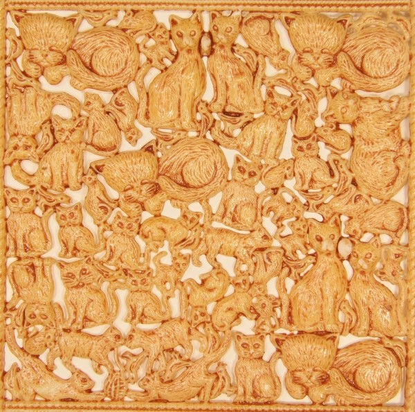 Wachsornament-Platte Katzen, 16 x 16 cm, hellbraun-glanzlack