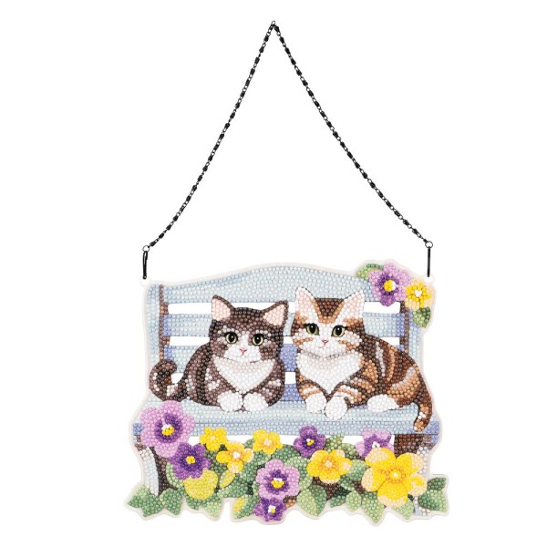 Diamond-Painting-Fensterbild aus Acryl, Katzen auf Bank, 25cm x 20,4cm, 1,7mm stark, inkl. Kette