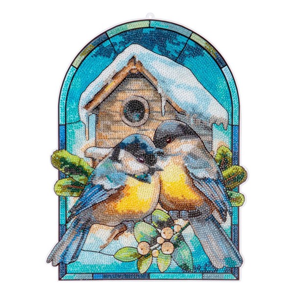 Diamond-Painting-Fensterbild, Glaskunst-Optik XL, Meisen am Vogelhaus, 27,3cm x 35,5cm, 500µ
