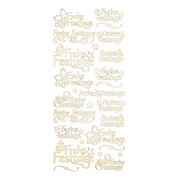 Sticker, Schrift, Frohe Festtage, Sterne, Tannenbäume & Ilex, Spiegelfolie, gold