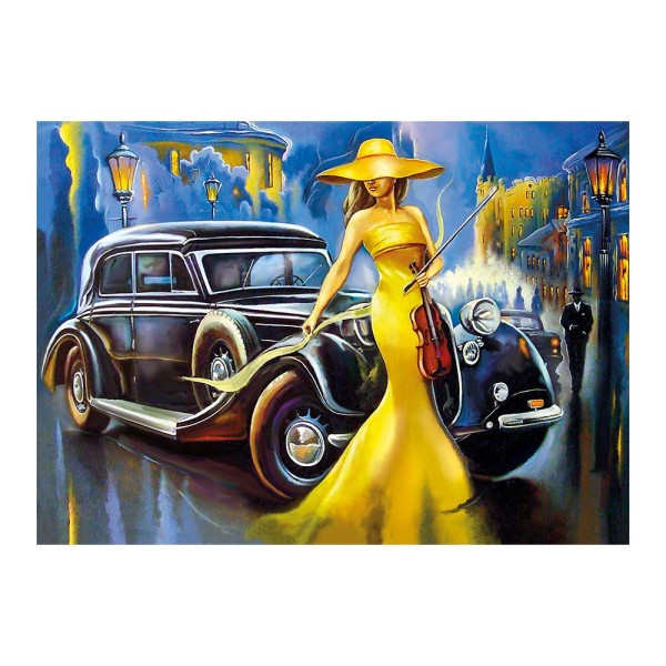 Diamond Painting, Oldtimer mit Geigerin, 25cm x 35cm, Motivleinwand, runde Steinchen, inkl. Werkzeug