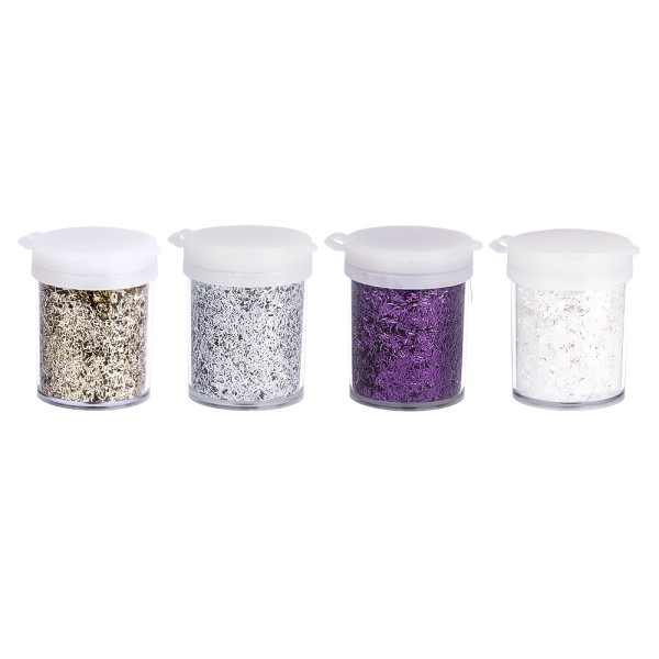 Stäbchen-Glimmer, je 12g, silber, violett, weiß, gold, 4 Dosen