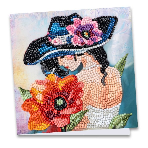 Diamond-Painting-Grußkarte, Damenmotiv mit roter Blume, 16cm x 16cm, inkl. Zubehör