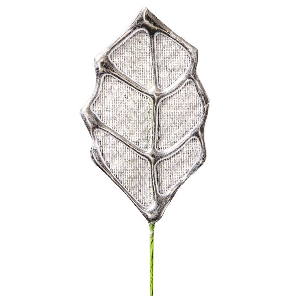 Deko-Blatt mit Drahtstiel, 4er Set, silber