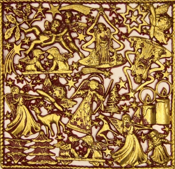 Wachsornament-Platte Weihnachten, 16 x 16 cm, bordeaux angegoldet