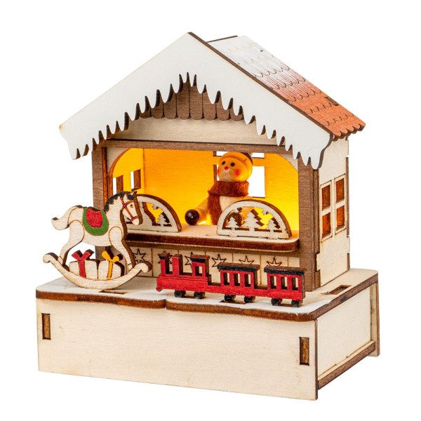 LED-Haus, Weihnachtsmarktszene 2, 9,5cm x 6cm x 10,7cm, warmweiß mit Timer