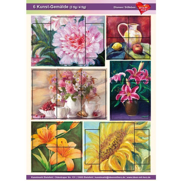 Kunst-Gemälde, A4 Bogen, 6 Stück, 3-/4-tlg, Blumen/Stilleben
