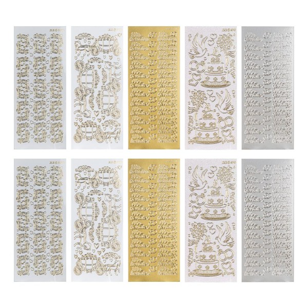 Sticker, Hochzeit 2, Perlmutt- und Spiegelfolie, 5 verschiedene Designs, 10 Bogen