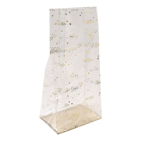 Blockbodenbeutel, Liebe Grüße, 14cm x 9cm, 30cm hoch, mit Goldfoliendruck, 30 Stück