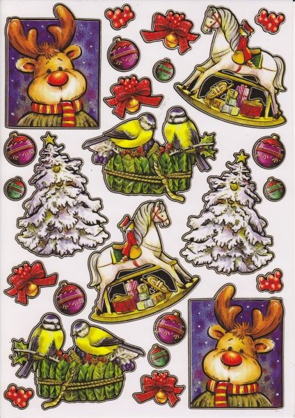 Ultra Gloss Sticker, DIN A4 Bogen, Schaukelpferd, Rentier & Meisen