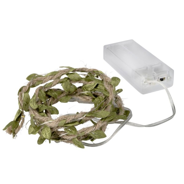 LED-Drahtlichterkette, Seil mit grünen Blättern, 10 LEDs in Warmweiß, 1,25m lang, Timer