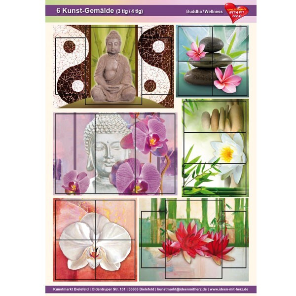 Kunst-Gemälde, A4 Bogen, 6 Stück, 3-/4-tlg, Budda/Wellness