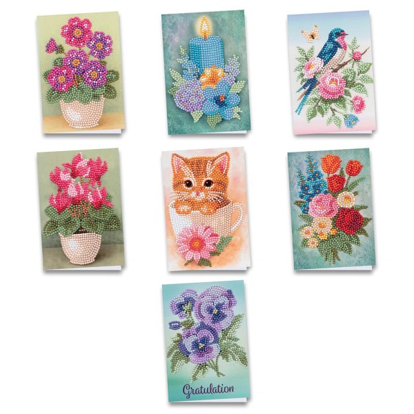 Diamond-Painting-Grußkarten, Blumen, je 11,5cm x 16,5cm, inkl. Umschläge, 7 Stück
