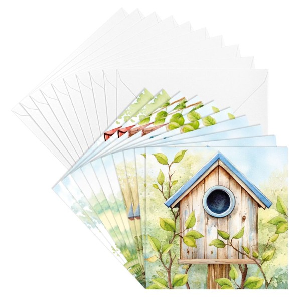 Motiv-Grußkarten, Vogelhäuser, 16cm x 16cm, 5 Designs, inkl. Umschläge, 10 Stück
