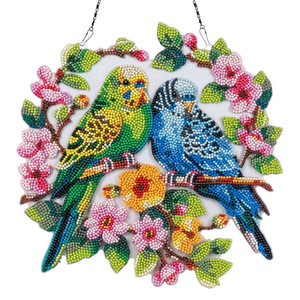 Diamond-Painting-Fensterbild,Acryl, XL, Wellensittich-Paar, 30cm x 30,1cm, 1,7mm stark, mit Kette