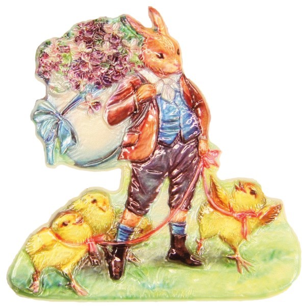 Wachsornament Hase mit Blumenkiepe, 7,5 x 7,5 cm