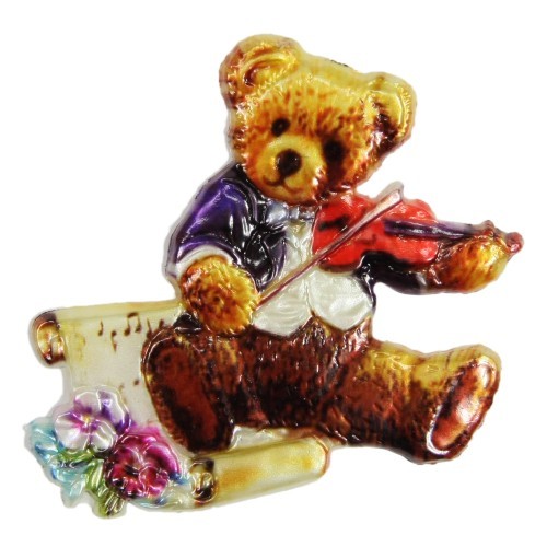Wachsornament, Teddy mit Geige, farbig, geprägt, 7x7 cm
