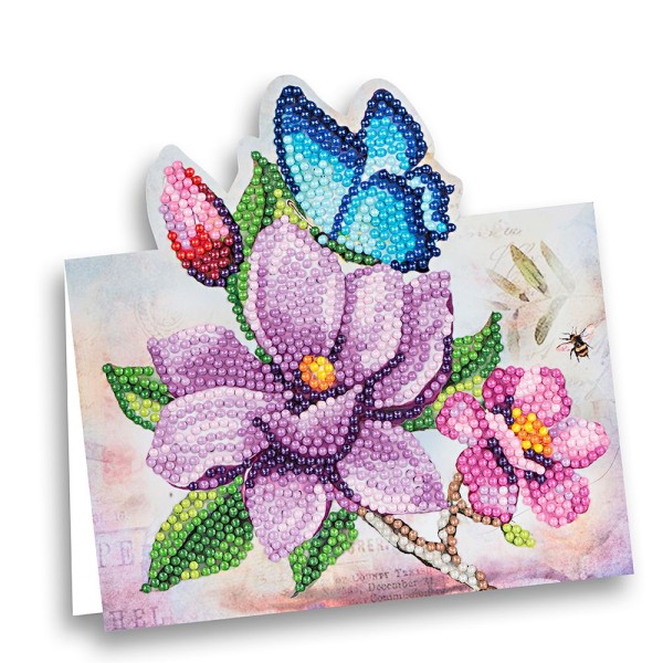 Diamond-Painting-Aufstellkarte, Magnolie mit blauem Schmetterling, 16,3cm x 16cm, inkl. Zubehör