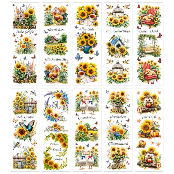 Premium-Transfers, Sonnenblumen & Wünsche, 10cm x 30cm, farbig, 10 Bogen