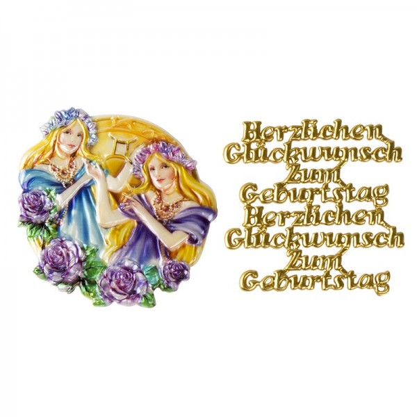 Wachsornamente, Sternzeichen Zwillinge & Herzlichen Glückwunsch, 2 Stück