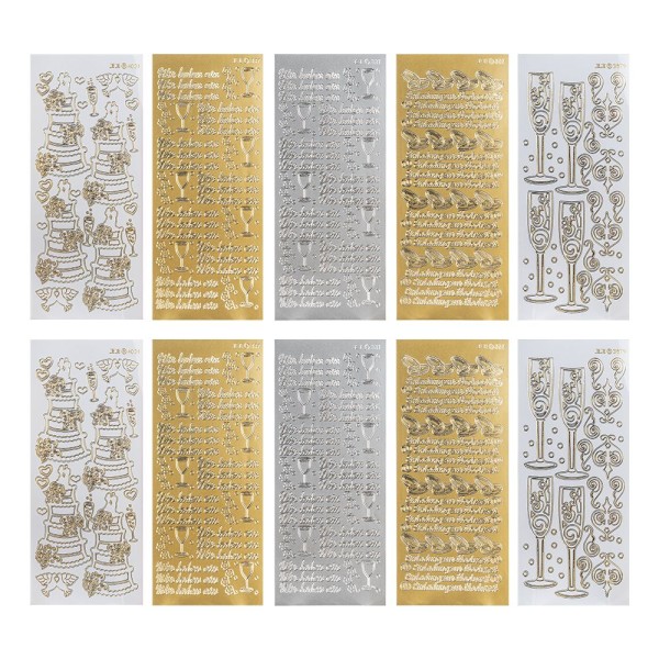 Sticker, Hochzeit 1, Perlmutt- und Spiegelfolie, 5 verschiedene Designs, 10 Bogen
