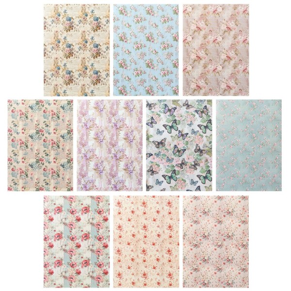 Selbstklebende Stoffe, Vintage-Blumen, DIN A4, verschiedene Designs, 10 Stück