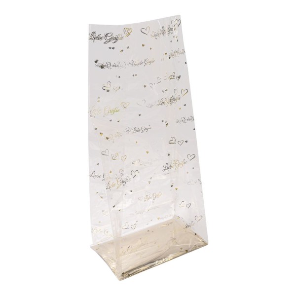 Blockbodenbeutel, Liebe Grüße, 16cm x 10cm, 35,5cm hoch, mit Goldfoliendruck, 30 Stück