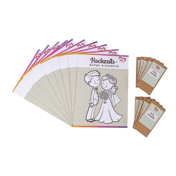 Hochzeits- Rätsel- & Malbuch, DIN A5, 200g/m², inkl. Buntstifte, 10 Stück