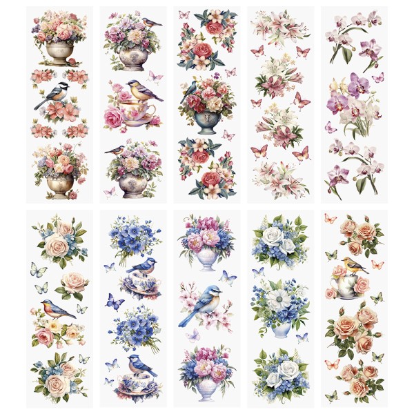 Premium-Transfers, Blumen & Vögel, 10cm x 30cm, farbig, 10 Bogen