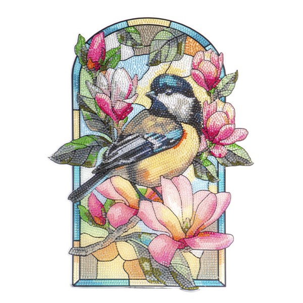 Diamond-Painting-Fensterbild, Glaskunst-Optik, XL, Kohlmeise mit Magnolien, 26,8cm x 35,6cm, 500µ