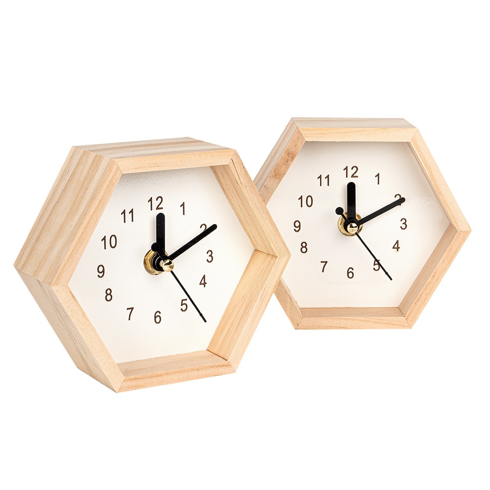 Holz-Uhren Sechseck, 12,7cm x 11cm x 5cm, 2 Stück, Holz-Deko, Deko-Artikel, Deko- & Geschenkartikel