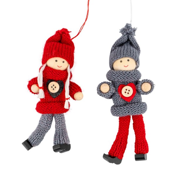 Winter-Püppchen, Cleo & Ole, 14,5cm hoch, rot/grau, grau/rot, 2 Stück