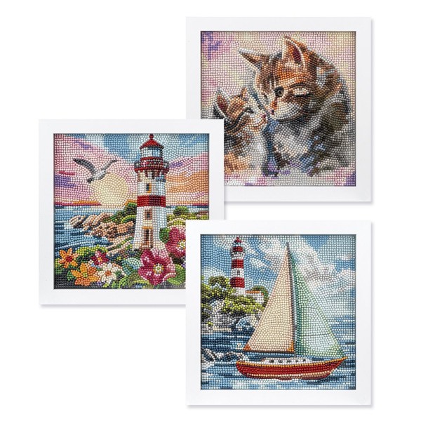 3 Diamond-Painting-Bilder & 3 Bilderrahmen, versch. Designs Leuchtturm, Segelboot, Katzen, 6-teilig