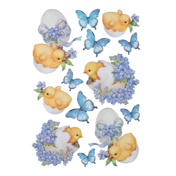 3-D Relief-Sticker, Küken mit Ei & blauen Blumen, versch. Größen, selbstklebend