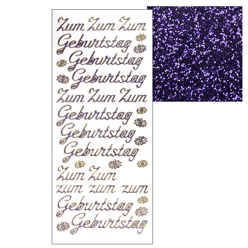 MicroglitterSticker, "Zum Geburtstag", lila Schriftzüge Sticker